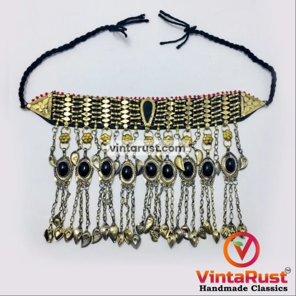 Tribal Choker Necklace With Dangling Tassels and Black Stones, Handmade Choker - Picture 2 of 11